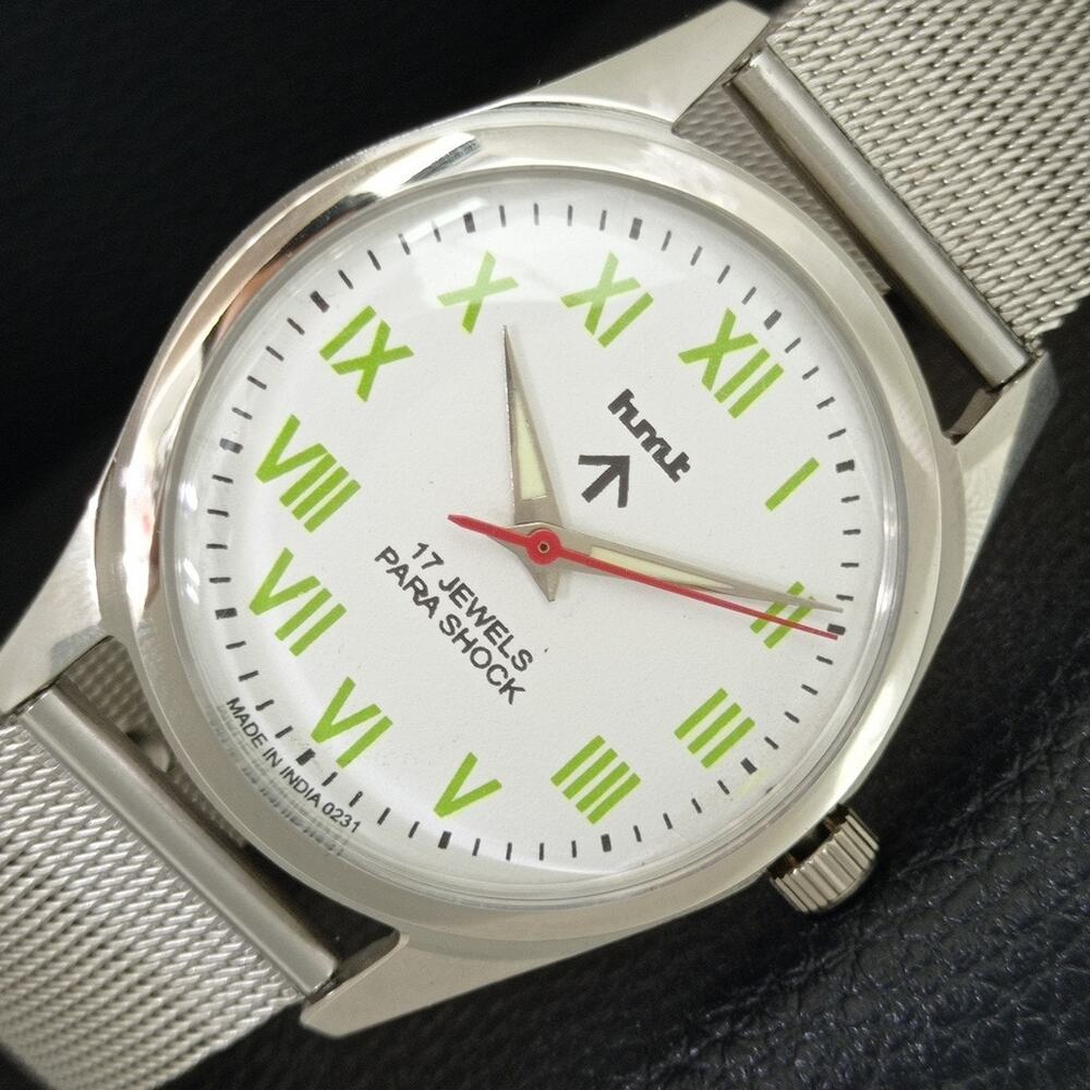 Vintage 1990 HMT Manual Wound Mens Silver Watch & White accents